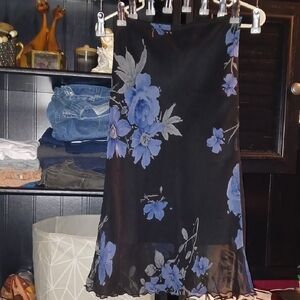 Chic Floral Black and Blue Midi Skirt